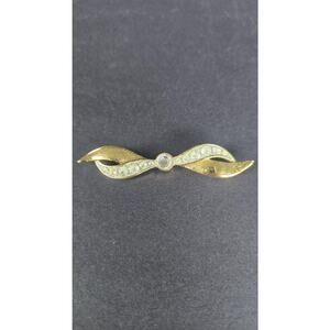 Monet Bow Brooch Pin Gold Tone Clear Rhinestone Ribbon Costume Jewelry 3.5in